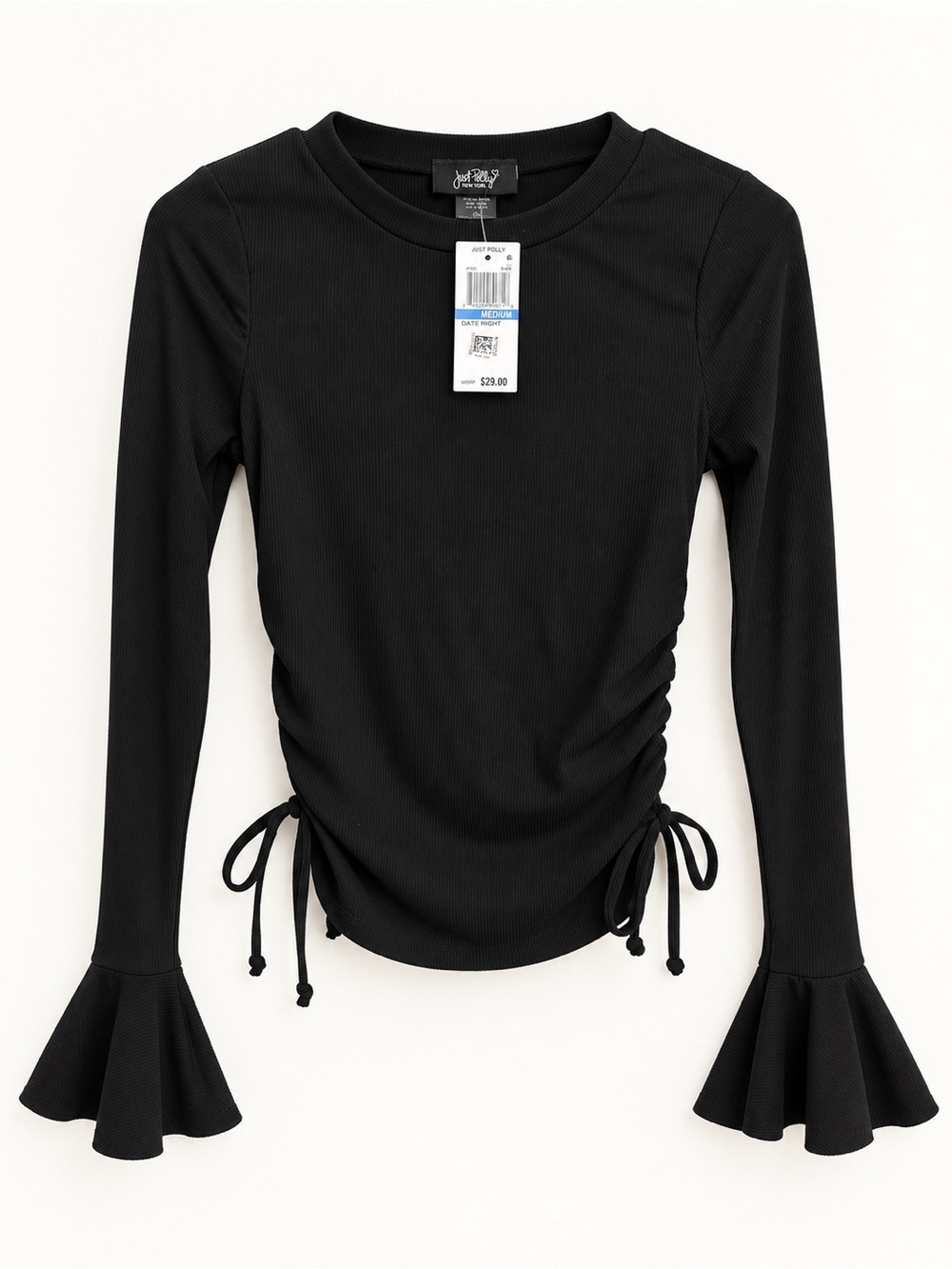 Just Polly Black Ribbed Bell Sleeve Ruched Top | Medium | NWT